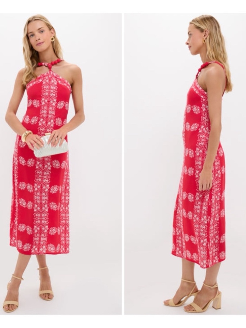 Red Halter Midi Dress with White Floral Motif